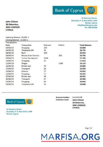 Blank Cyprus Bank of Cyprus bank statement word download for verification